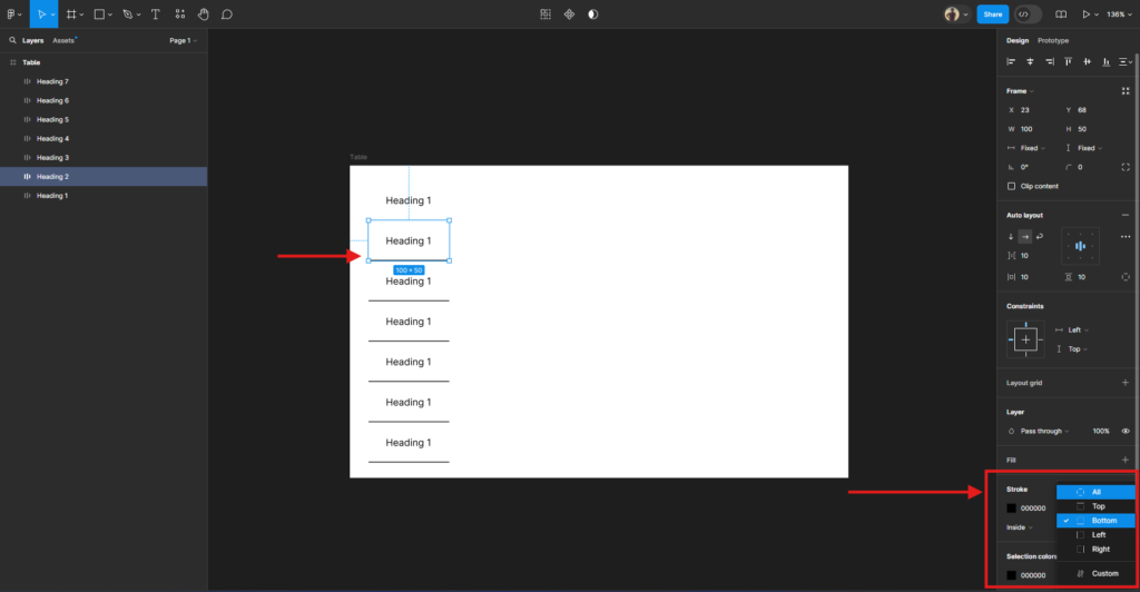 bottom outline the cell in figma - how to create a tables in figma easily?