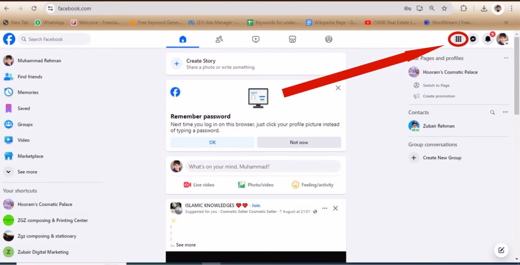 Facebook home page on a computer with the nine-dot Menu icon highlighted in the top right corner