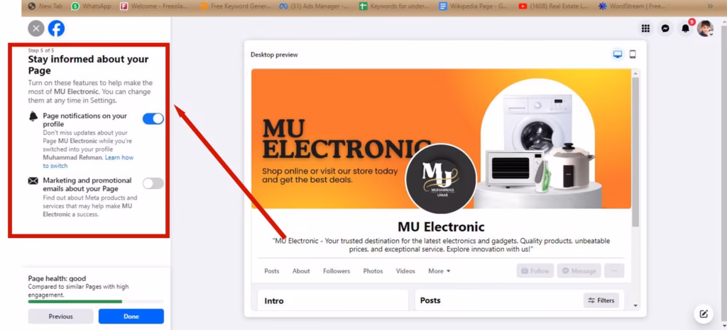 Facebook Stay informed about your Page screen with the Page notifications and marketing email switches
