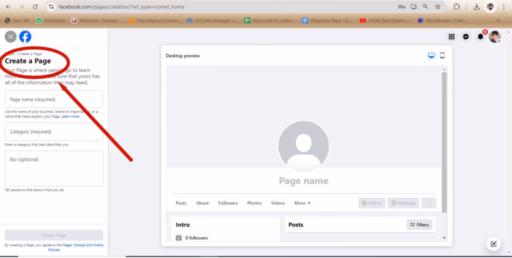 Empty Facebook Create a Page form with Page name (required), Category (required) and Bio (optional) fields beside a desktop preview