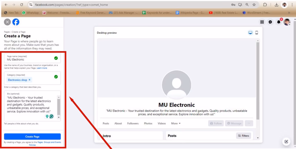 Facebook Create a Page form filled in with the Page name MU Electronic, the category Electronics shop and a short bio