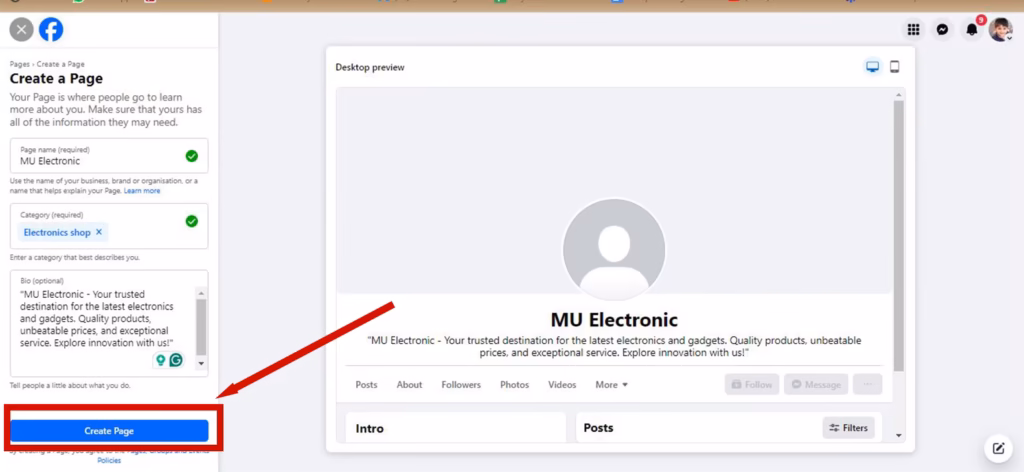 Facebook Create a Page form with the Create Page button active after the name and category were entered