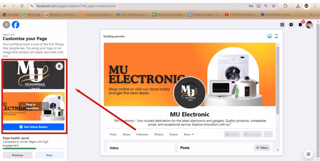 Facebook Customise your Page screen, step 2 of 5, with an uploaded logo, cover photo and the Add Action Button