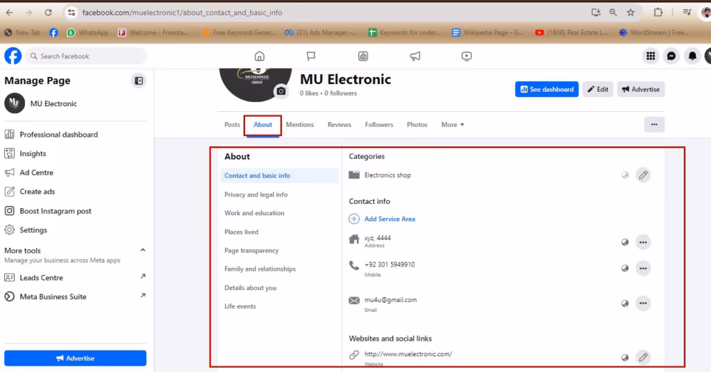 Overview of the About tab on a Facebook business Page