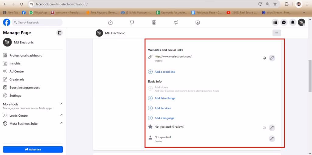 Contact information and location fields in a Facebook Page About section