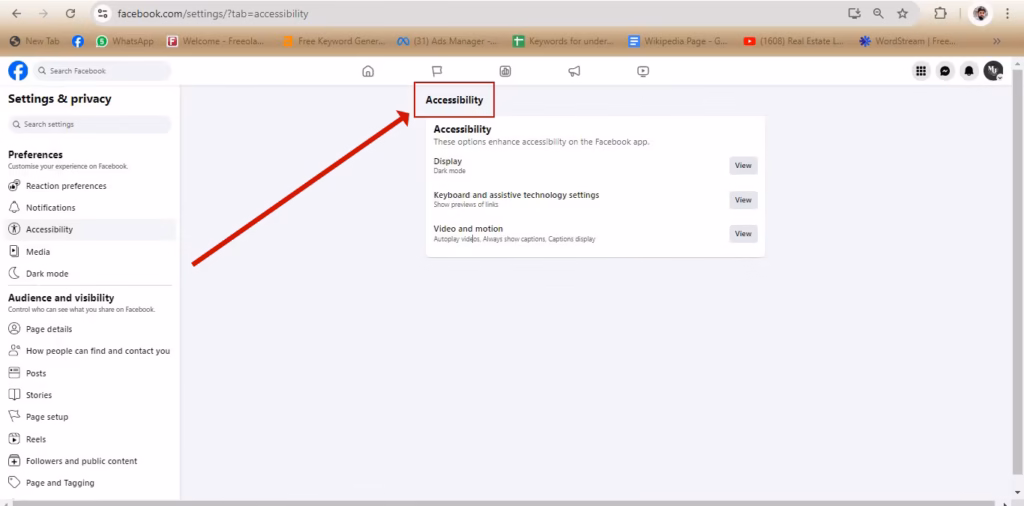 Accessibility preferences in Facebook Page settings