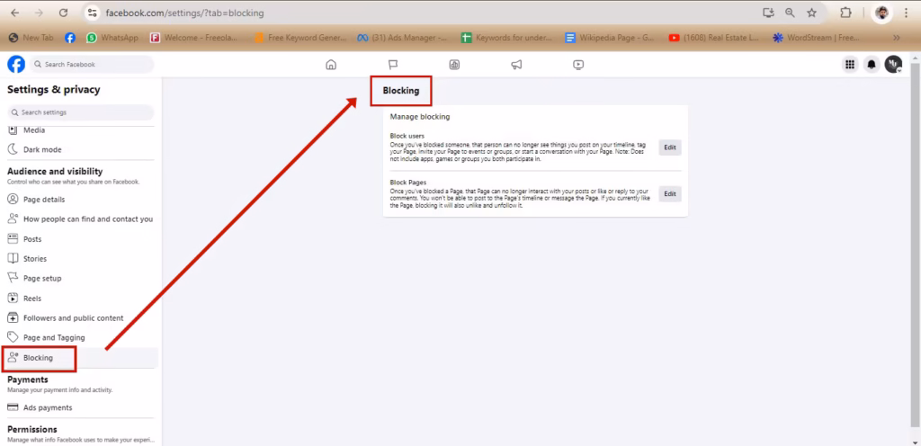 Blocking settings for a Facebook Page with the blocked profiles list