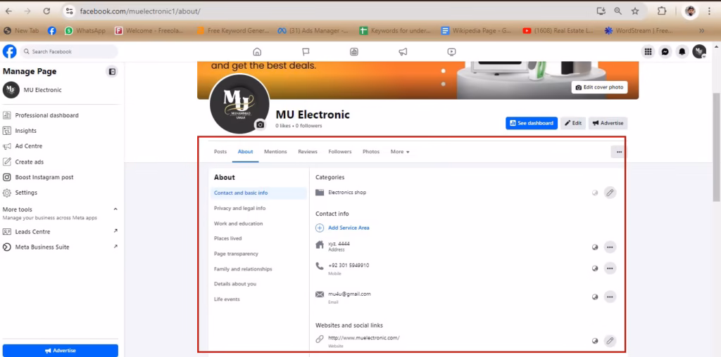 Page details settings under Audience and visibility in the earlier Facebook Page settings layout