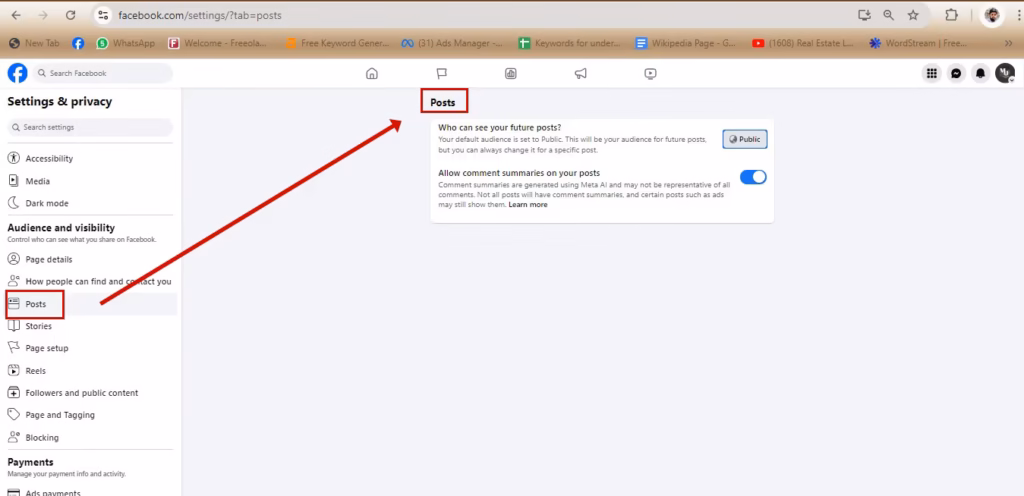 Facebook Page post and story sharing settings