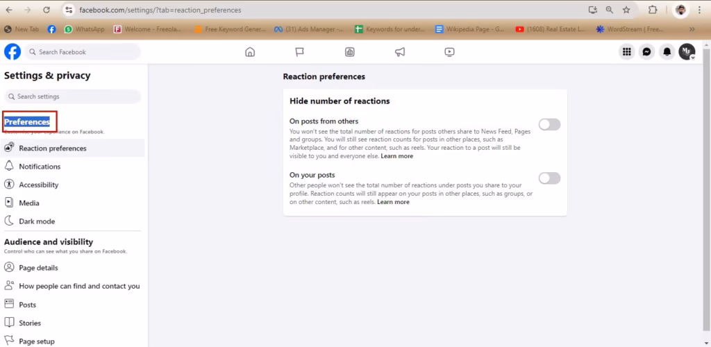 Reaction preferences toggles in Facebook Page settings