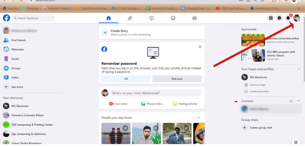 Facebook home page with an arrow pointing to the profile picture and name in the top right corner, which opens your profile