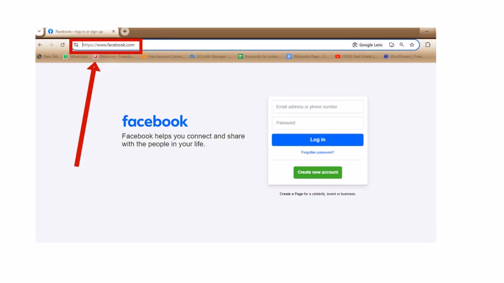 Facebook.com home page with the login form, opened in a desktop browser