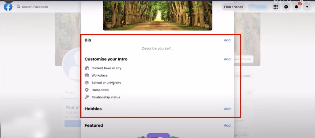 Facebook About tab Family and Relationships section for relationship status and family members