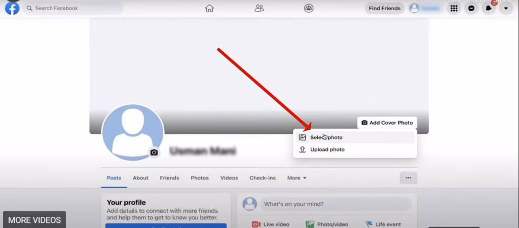 Facebook Add Cover Photo menu with Select Photo and Upload Photo options on a new profile