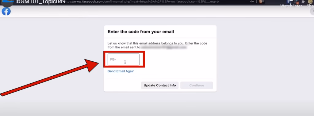 Facebook confirmation code box with the Continue button