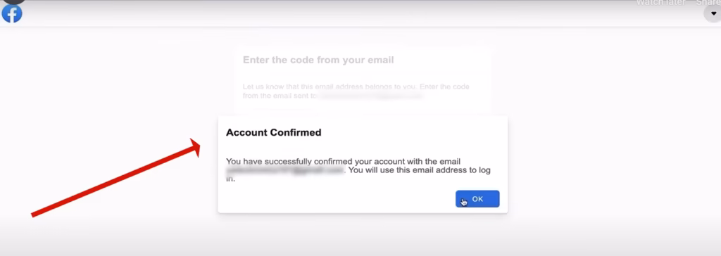 Facebook message confirming the new account, with an OK button