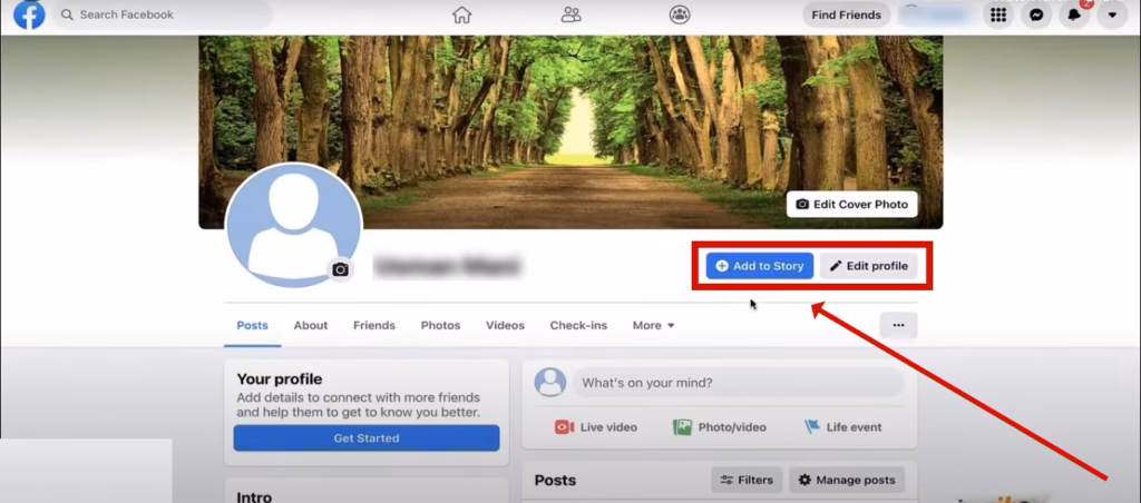 Facebook profile header with the Add to Story and Edit Profile buttons below the cover photo, used to set up Facebook profile details