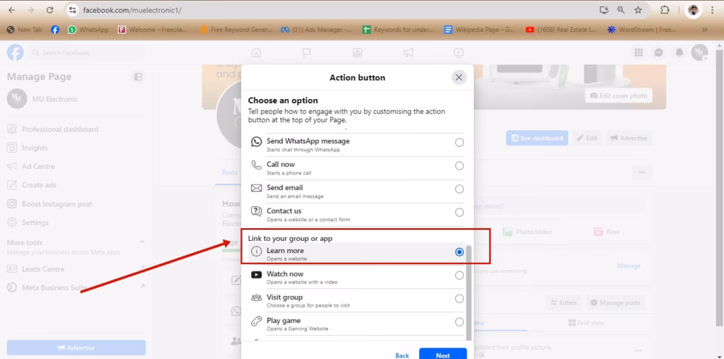 Facebook Page action button set to Learn More