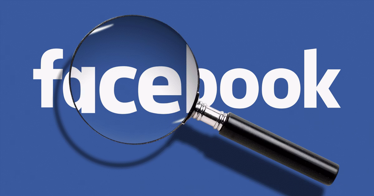 Facebook logo viewed through a magnifying glass, representing understanding how Facebook works