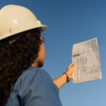 Contractor in a hard hat holding job site plans