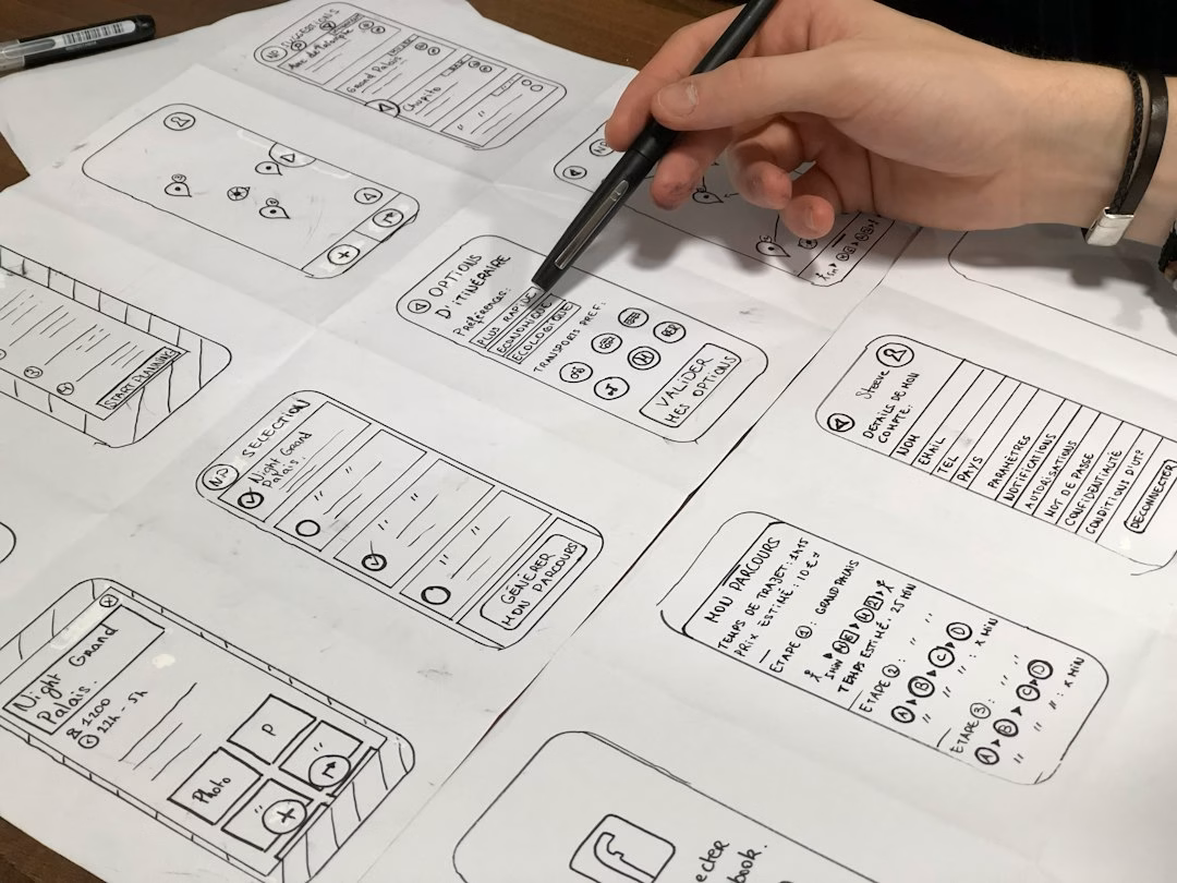 Designer sketching a UI/UX wireframe by hand