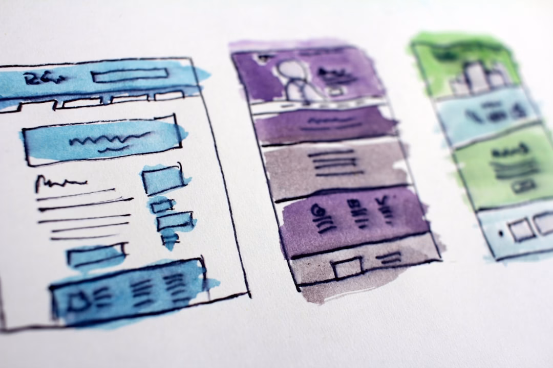 watercolor wireframe sketches of website layouts
