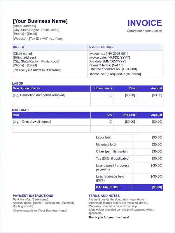 Contractor invoice template in Google Docs with a job site address, license number, labor and materials tables, retainage line and balance due
