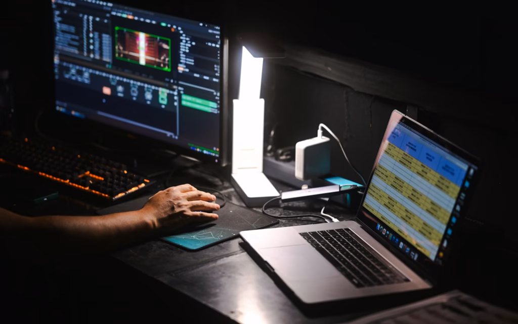 Developer adding JSON-LD markup at a laptop and monitor