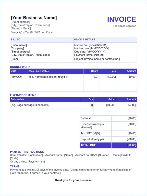 Freelance invoice template for Google Docs with separate hourly work and fixed-price items tables, totals with expenses and deposit already paid, and payment terms