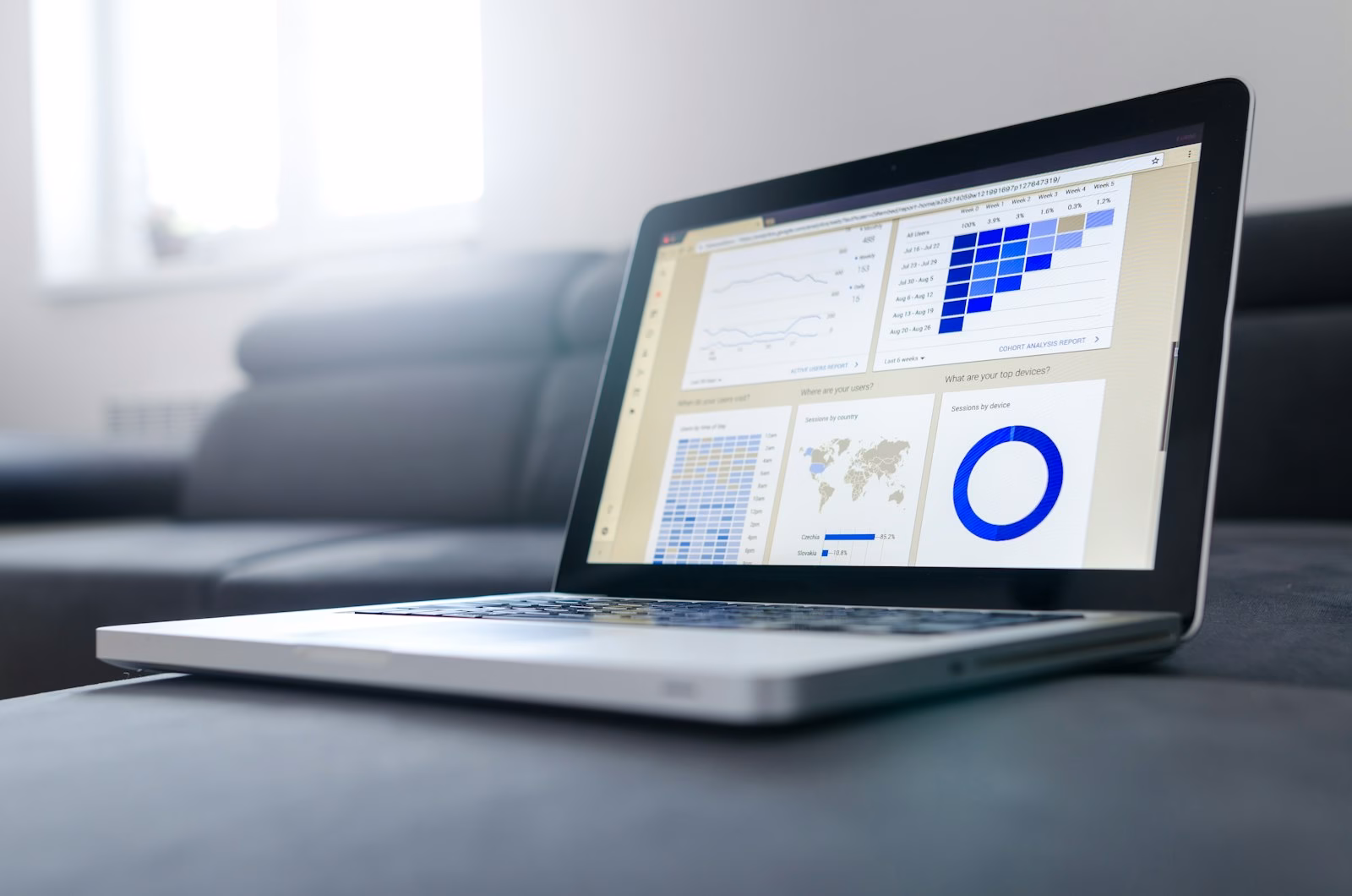 Laptop showing a campaign performance dashboard used to manage Google Ads campaigns