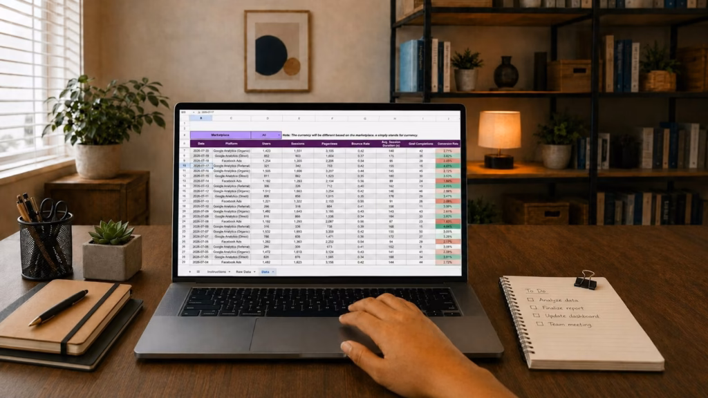 Marketer reviewing a spreadsheet of competitor ads on a laptop