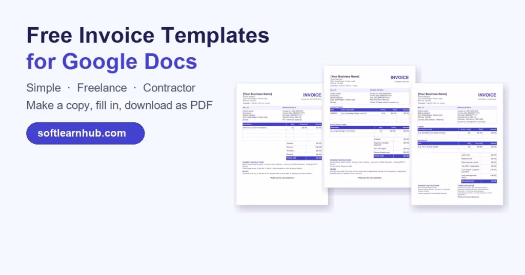 Cover image for the free invoice template Google Docs guide: previews of the simple, freelance and contractor invoices beside the text Make a copy, fill in, download as PDF