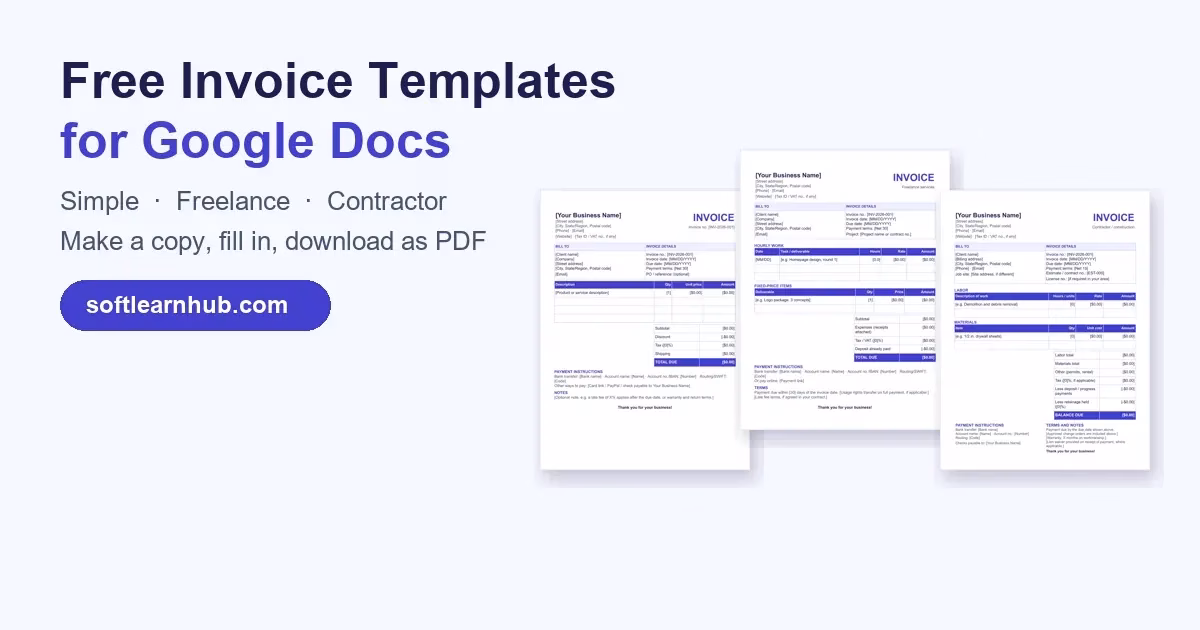 Cover image for the free invoice template Google Docs guide: previews of the simple, freelance and contractor invoices beside the text Make a copy, fill in, download as PDF