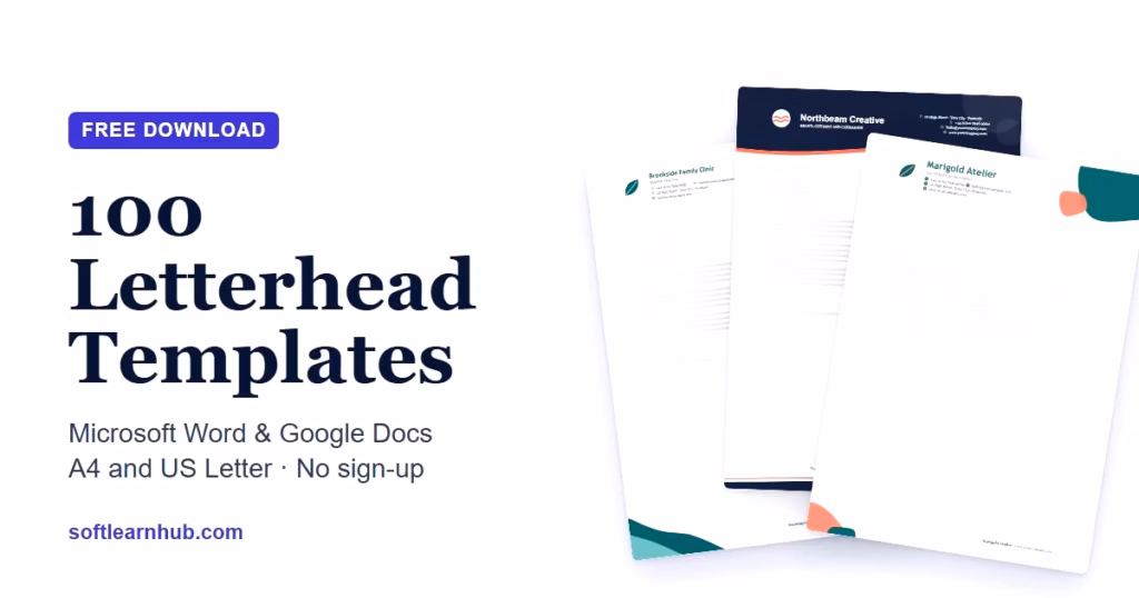 Three sample letterheads from the set of 100 free letterhead templates for Microsoft Word and Google Docs