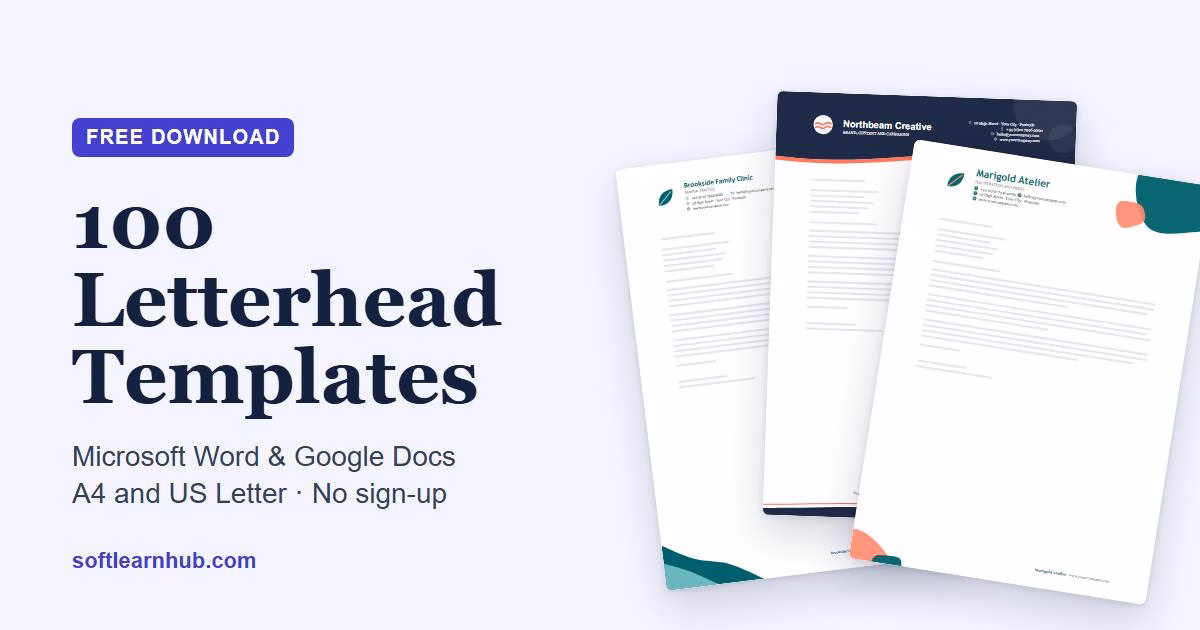 Three sample letterheads from the set of 100 free letterhead templates for Microsoft Word and Google Docs