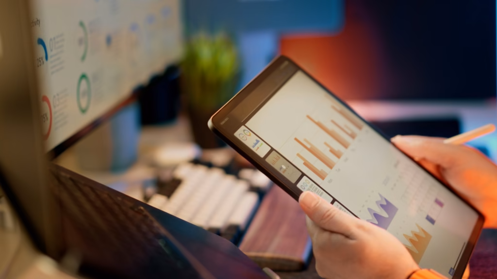 Tablet showing a performance chart, used to check conversion data before launching ads