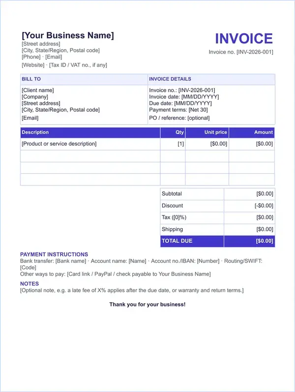 Simple invoice template in Google Docs with a business header, bill-to and invoice details boxes, a four-row line-item table, totals and payment instructions