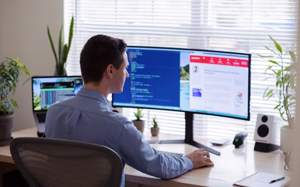 Developer testing structured data on two monitors